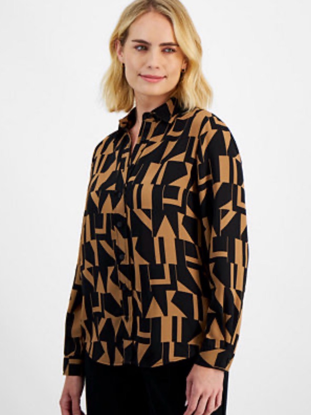 Anne Klein Black & Beige Geo-Print shirt
